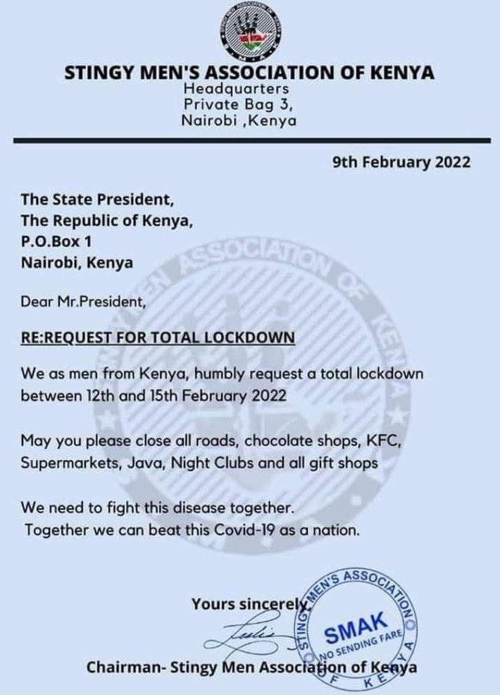 4 STINGY MEN'S ASSOCIATION OF KENYA Headquarters Private Bag 3, Nairobi ,Kenya 9