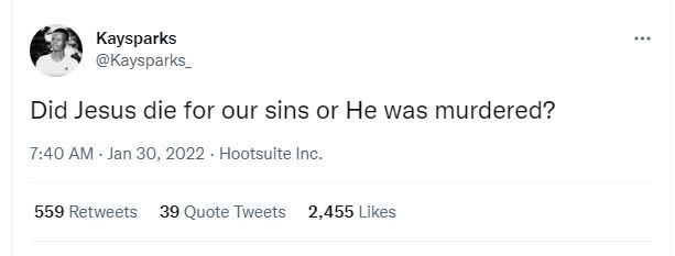 Kaysparks Kaysparks Did Jesus die for our sins or He was murdered? 7.40 AM Jan 3