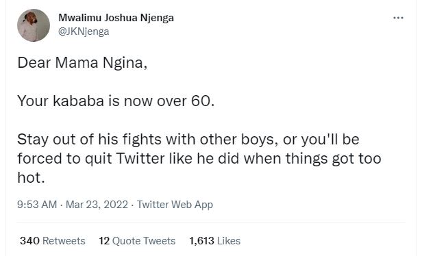 Mwalimu joshua njenga jknjenga dear mama ngina your kababa is now over 60 stay o