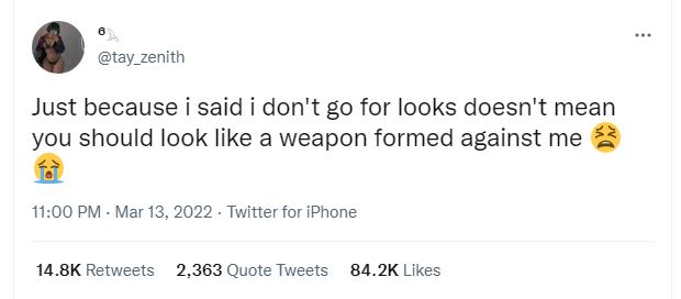 Tay_zenith just because i said i don't g0 for looks doesn't mean you should look