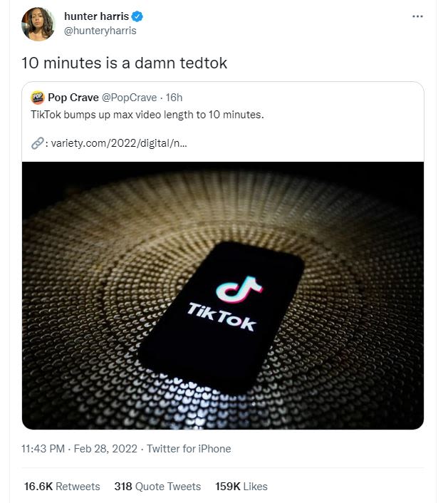 Hunter harris hunteryharris 10 minutes is a damn tedtok pop crave popcrave 16h t
