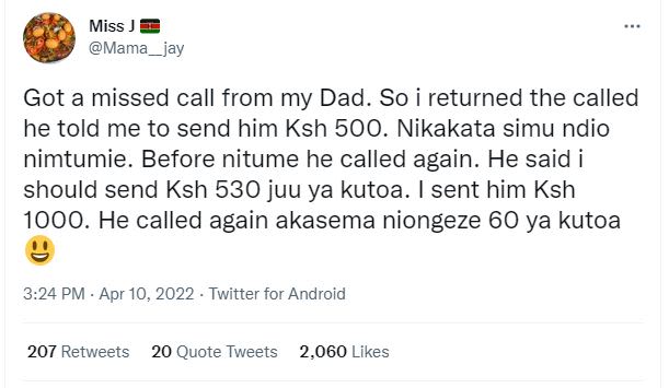 Miss mama_jay got a missed call from my dad. so i returned the called he told me