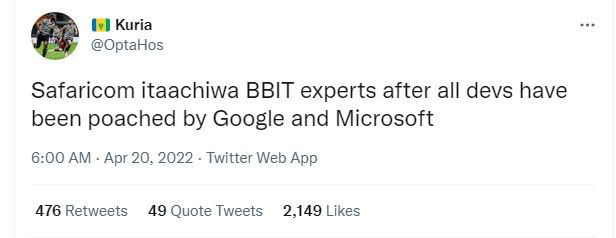 Kuria optahos safaricom itaachiwa bbit experts after all devs have been poached