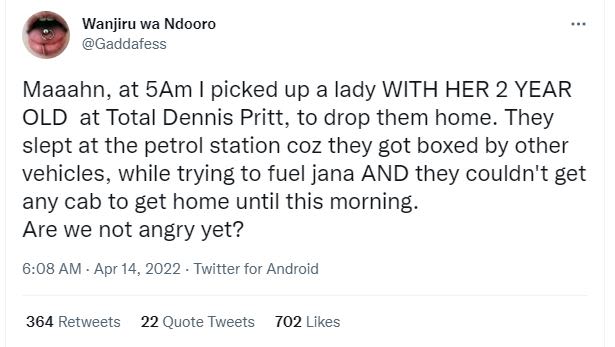 Wanjiru wa ndooro gaddafess maaahn, at 5am picked up a lady with her 2 year old