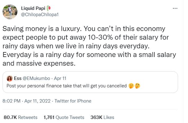 Liquid papi chilopachilopal saving money is a luxury. you can't in this economy