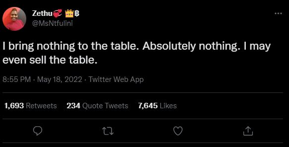 Zethu msntfulini bring nothing to the table. absolutely nothing . may even sell