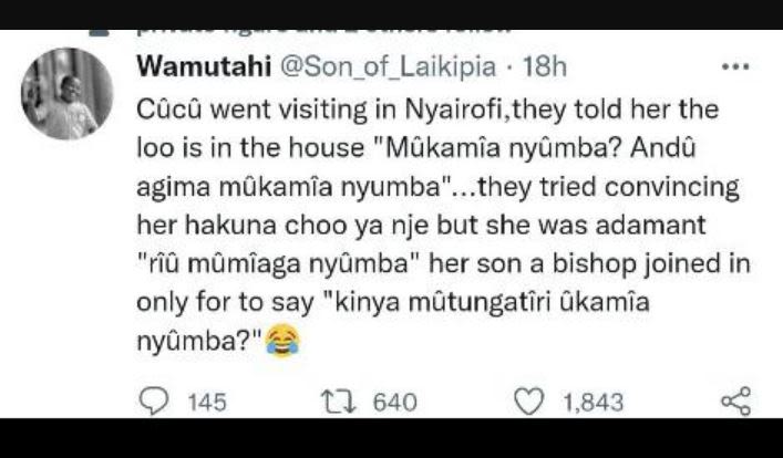 Wamutahi son_of_laikipia 18h c'c' went visiting in nyairofi they told her the lo