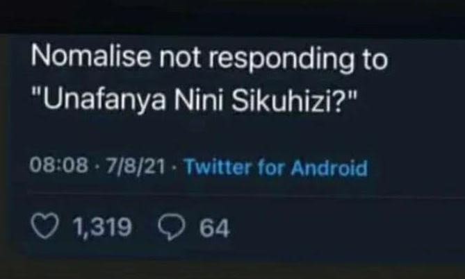 Nomalise not responding to unafanya nini sikuhizi? 0808 7821 twitter for android