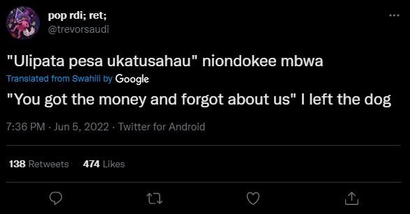 Pop rdi ret trevorsaudi 'ulipata pesa ukatusahau niondokee mbwa translated from