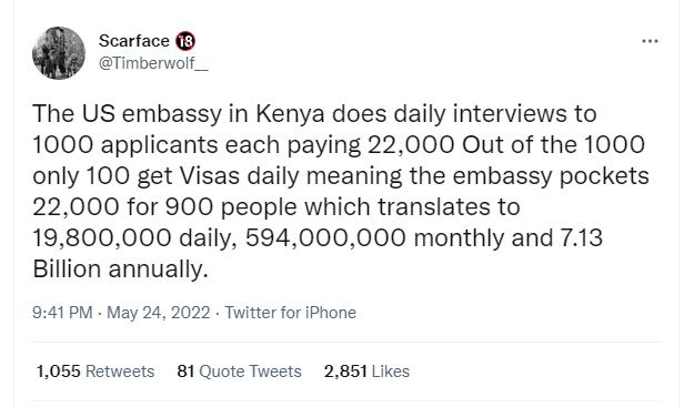 Scarface timberwolf the us embassy in kenya does daily interviews to applicants