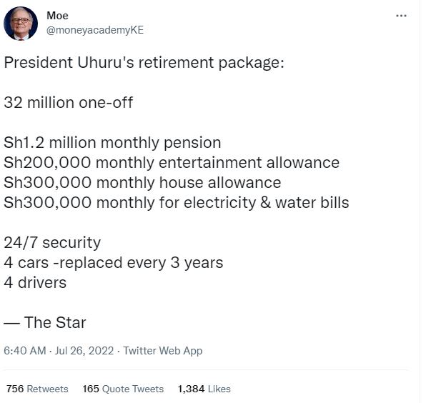 Moe moneyacademyke president uhuru's retirement package 32 million oneoff sh1.2