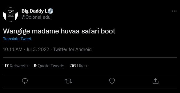 Big daddy l0 colonel_edu wangige madame huvaa safari boot translate tweet 10.14