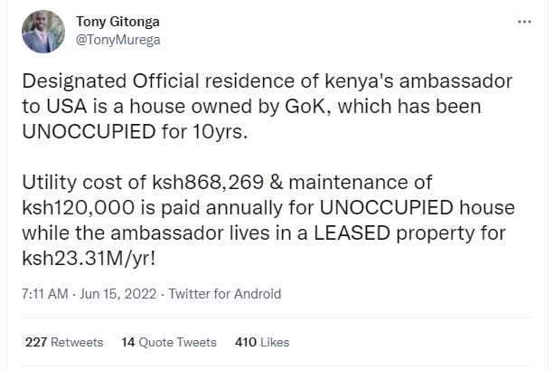 Tony gitonga tonymurega designated official residence of kenya's ambassador to u