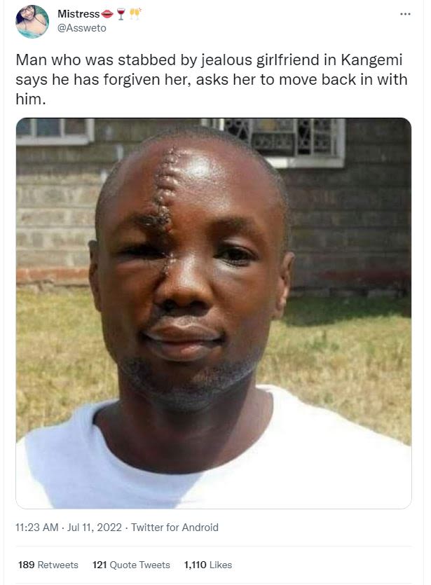 Mistress assweto man who was stabbed by jealous girlfriend in kangemi says he ha