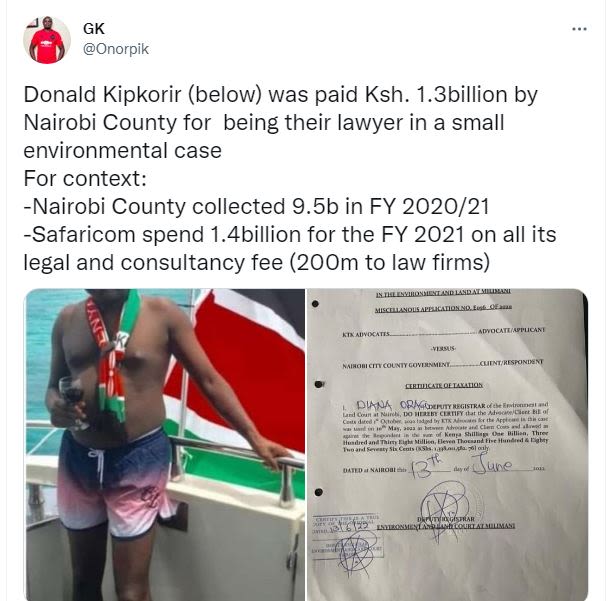 Gk onorpik donald kipkorir below was paid ksh. 1.3billion by nairobi county for