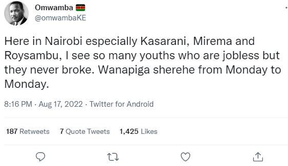 Omwamba omwambake here in nairobi especially kasarani mirema and roysambu, see s