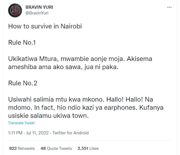 Bravin yuri bravinyuri how to survive in nairobi rule no.1 ukikatiwa mtura, mwam