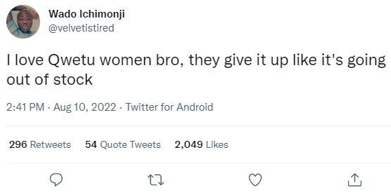 Wado ichimonji velvetistired love qwetu women bro they give it up like it's goin