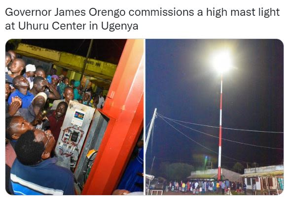 Governor james orengo commissions a high mast light at uhuru center in ugenya