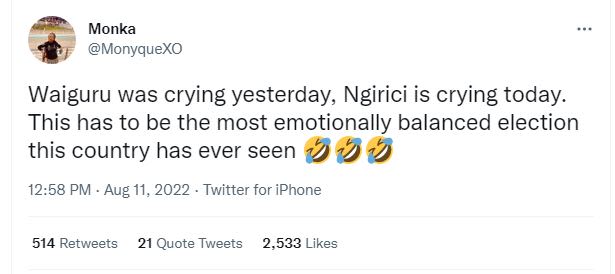 Monka monyquexo waiguru was crying yesterday ngirici is crying today. this has t