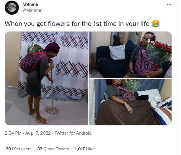 Minine mgninel when you get flowers for the ist time in your life 2.34 pm aug 17