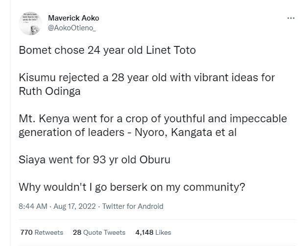Maverick aoko aokootieno bomet chose 24 year old linet toto kisumu rejected a 28