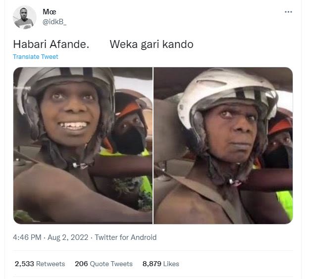 Mv idkb habari afande. translate tweet weka gari kando 4.46 pm . aug 2, twitter