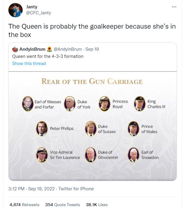 Janty cfc_janty the queen is probably the goalkeeper because she's in the box an