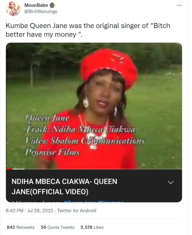 Moonbabe bintiwaruinge kumbe queen jane was the original singer of bitch better