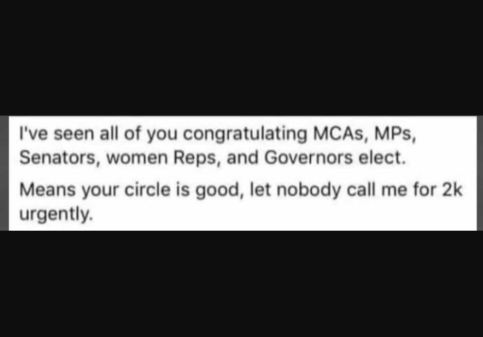 Ive seen all of you congratulating mcas , mps, senators , women reps, and govern