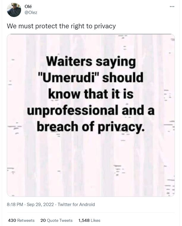 Olé olez we must protect the right to privacy waiters saying umerudi should know