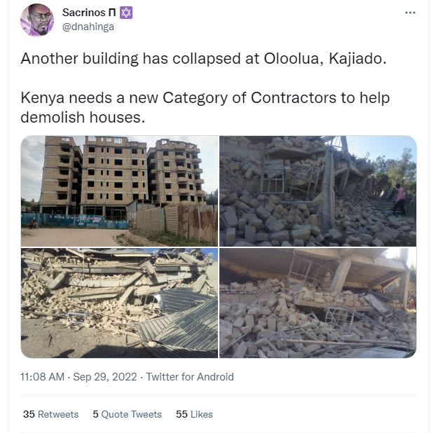 Sacrinos dnahinga another building has collapsed at oloolua, kajiado_ kenya need