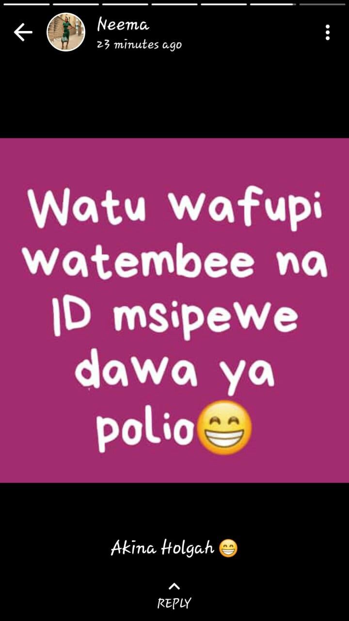 Neema 23 minutes ag0 watu wafupi watembee na id msipewe dawa ya polio akina olga