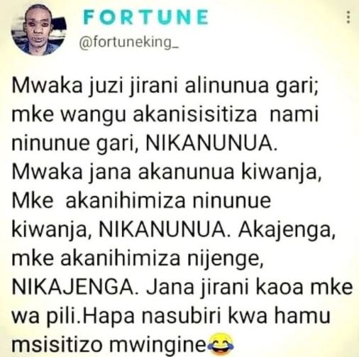 Fortune fortuneking _ mwaka juzi jirani alinunua gari mke wangu akanisisitiza na