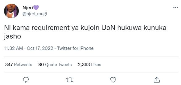 Njeri njeri_mugi ni kama requirement ya kujoin uon hukuwa kunuka jasho 11.32 am