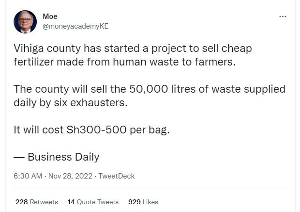 Moe moneyacademyke vihiga county has started a project to sell cheap fertilizer