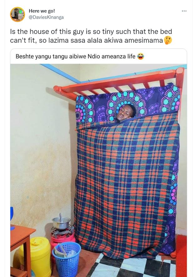 Here we go! davieskinanga is the house of this guy is so tiny such that the bed