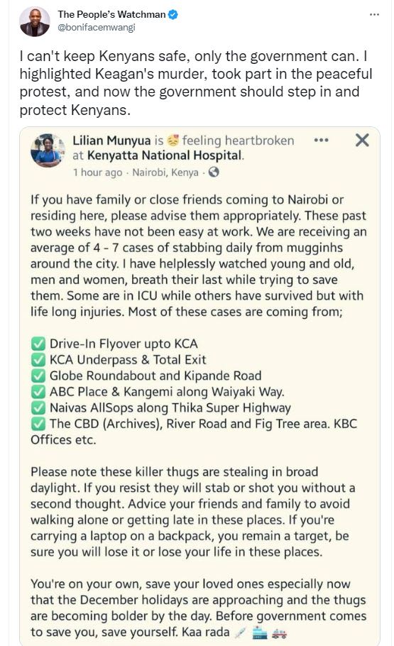 The people' s watchman bonifacemwangi can't keep kenyans safe only the governmen