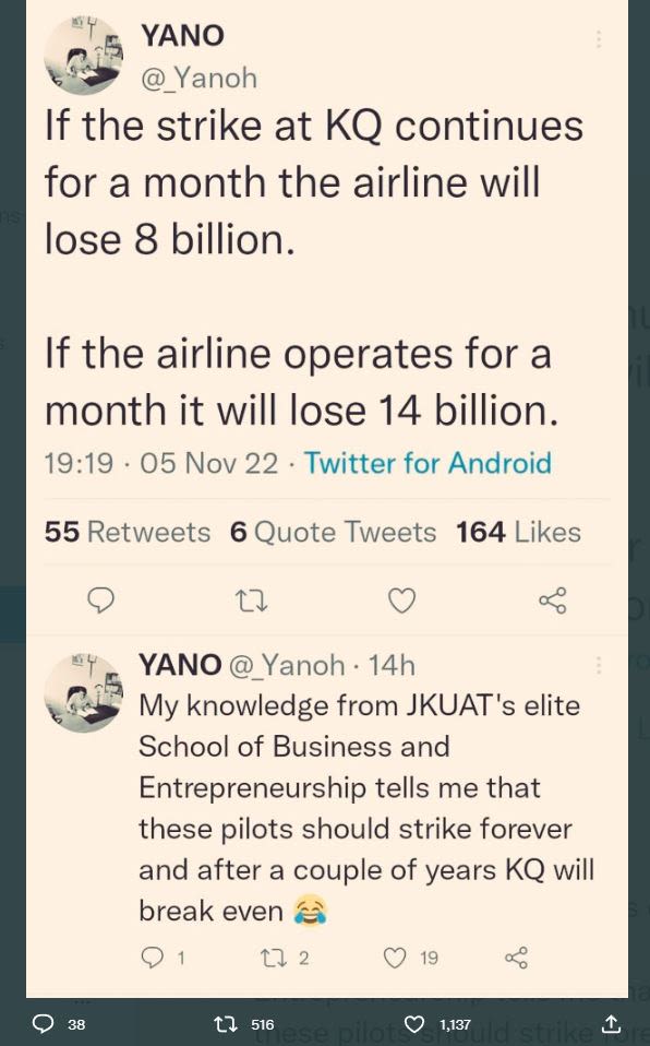 Yano yanoh if the strike at kq continues for a month the airline will lose 8 bil