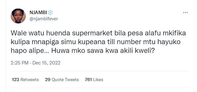 Njambi njambifever wale watu huenda supermarket bila pesa alafu mkifika kulipa m