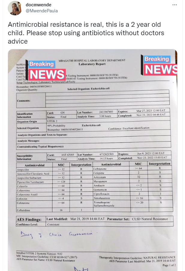 Docmwende mwendepaula antimicrobial resistance is real, this is a 2 year old chi