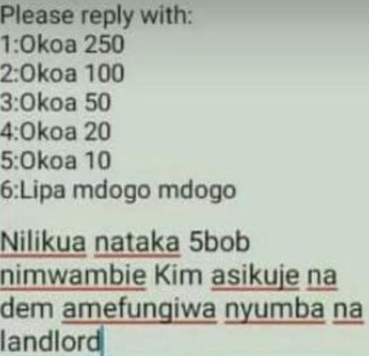 Please reply with 1okoa 250 2okoa 100 3 okoa 50 4okoa 20 5 okoa 10 6 lipa mdogo