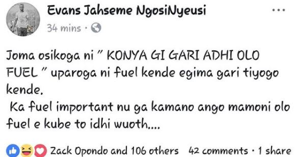 Evans jahseme ngosinyeusi 34 mins joma osikoga ni konya gi gari adhi olo fuel up
