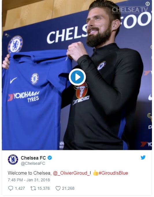 Chelsean oo chelsea fc chelseafc welcome to chelsea oliviergiroud 748 pm jan 31,