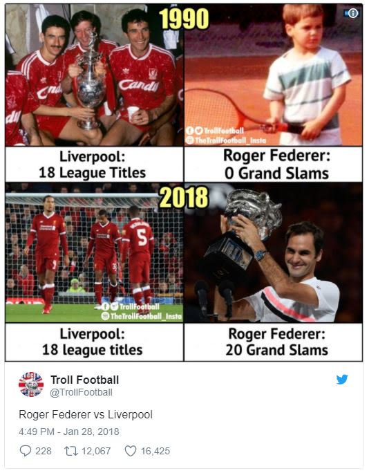 Candi 0otrollfoct vootle liverpool roger federer 18 league titles 0 grand slams