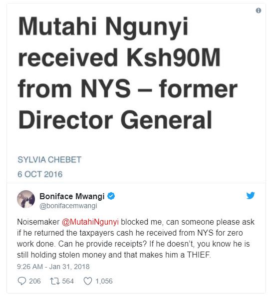 Mutahi ngunyi received ksh9om from nys former director general sylvia chebet oct