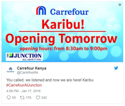 Carrefour karibu! opening tomorrow opening hours from 8.3oam to 9oopm jjunction