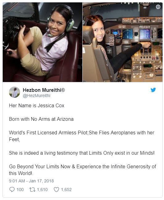 Hezbon mureithi hezmureithi her name is jessica cox born with no arms at arizona