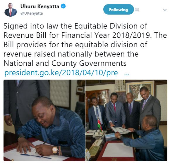 Uhuru kenyatta ukenyatta following signed into law the equitable division of rev