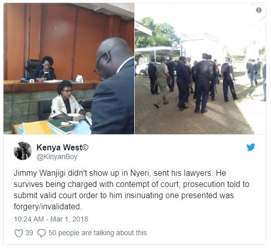Kenya west kinyanboy jimmy wanjigi didnt show up in nyeri sent his lawyers. he s